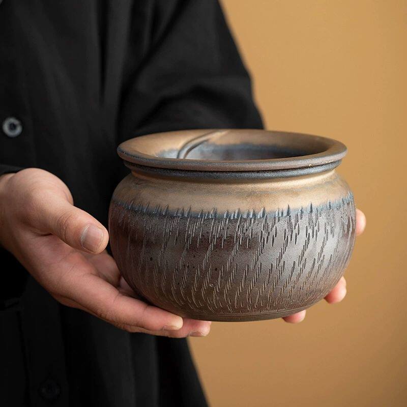 复古粗陶茶渣缸带盖鎏金莲蓬跳刀建水茶洗大容量陶瓷水盂茶道配件