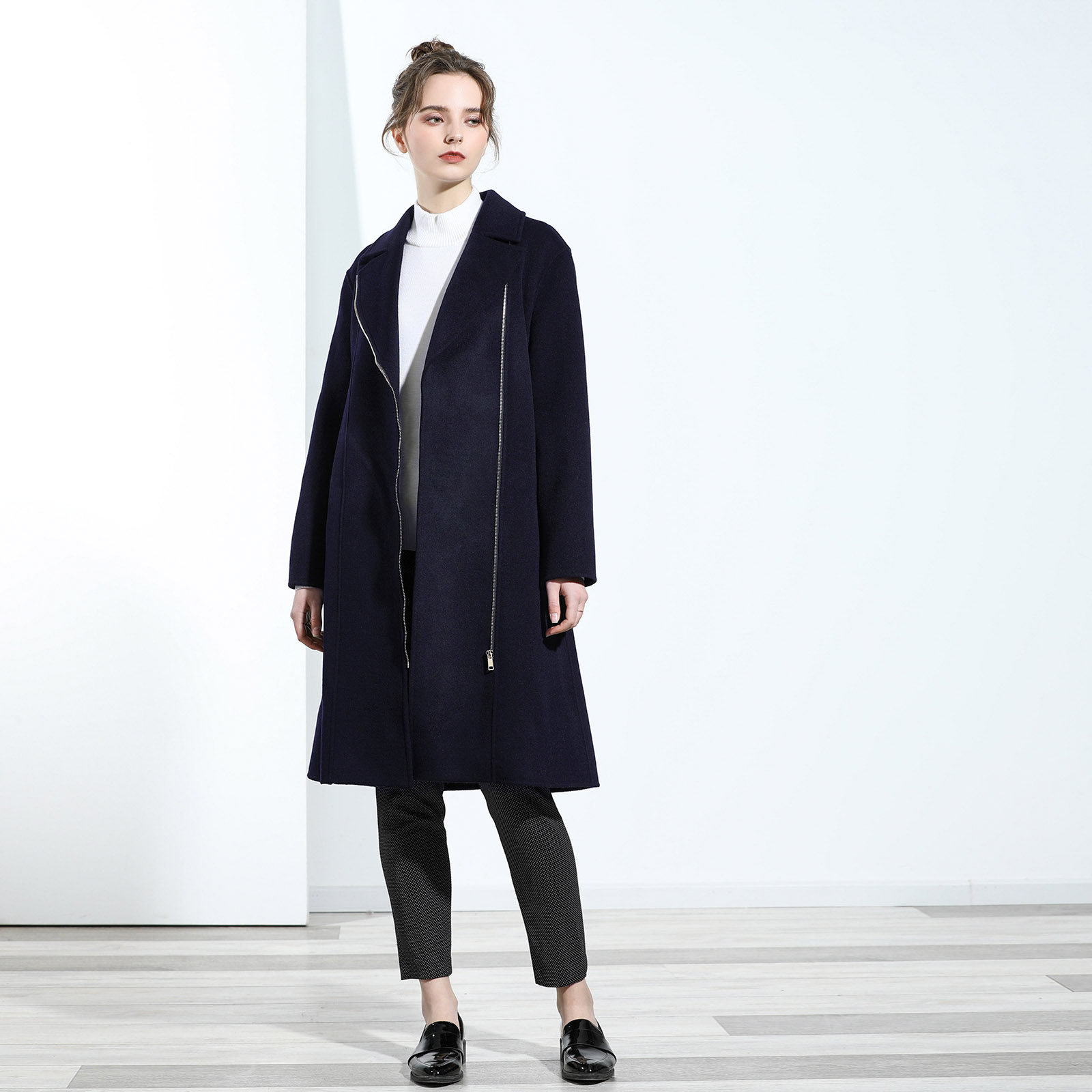 腔调 藏蓝色纯羊毛双面呢侧门襟拉链大衣