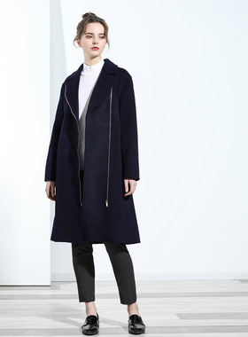 腔调 藏蓝色纯羊毛双面呢侧门襟拉链大衣