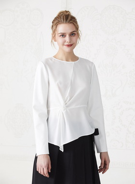 白色立体剪裁扭结造型感弹力针织拼接皱感面料套头T恤上衣-月露