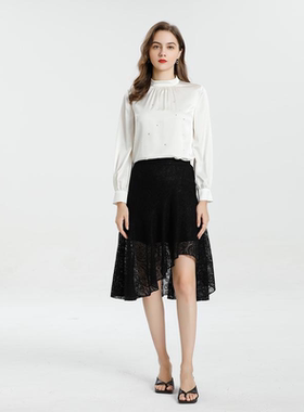 新蕾 黑色股线蕾丝立体剪裁鱼尾半身裙