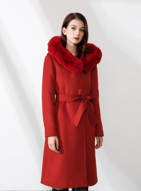 骄阳红色绵羊毛水波纹狐狸毛领全里衬连帽长款大衣