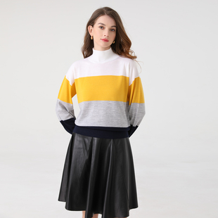 仓庚  美利奴羊毛卫衣款撞色半高领针织套衫