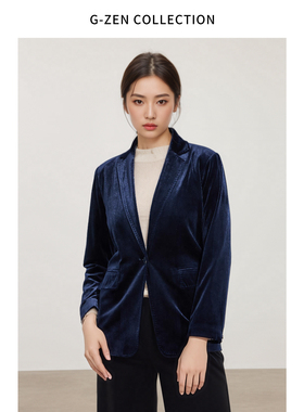 深蓝色丝绒一粒扣西装外套