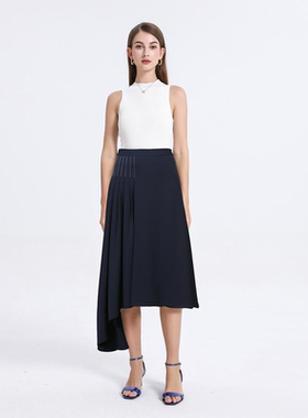 遥屏 藏蓝色收腰压褶不对称设计感半身裙