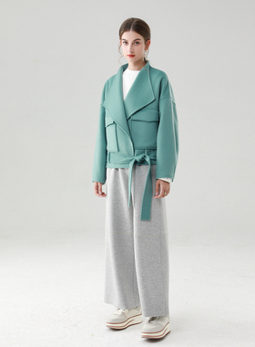 清泉 蓝色大翻领纯羊毛双面呢短款大衣外套