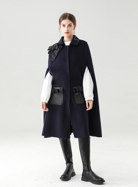 笙歌 藏蓝色设计感纯羊毛手工缝制双面呢长款斗篷式女士大衣