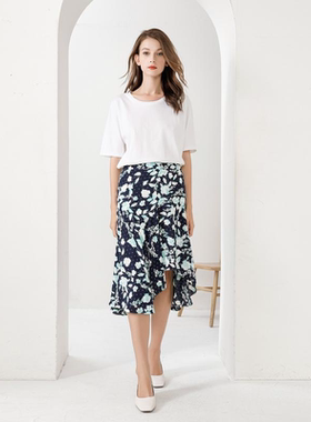 醉蓝 蓝色印花立体剪裁鱼尾半身裙