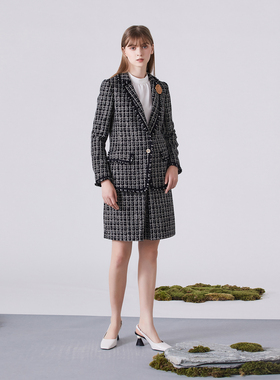 小香风经典金属银丝黑色粗花呢格纹春秋西装外套