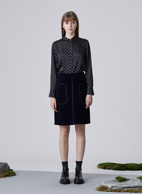 安荷 黑色几何印花翻领女士衬衫