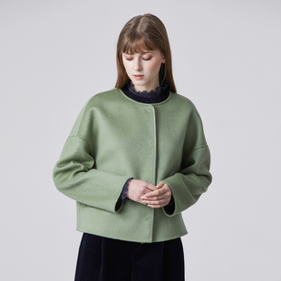 清朗 秋冬新款羊毛水波纹拼小羊皮边圆领短款大衣外套