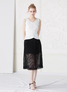 仲夏夏季黑色蕾丝百褶半身裙