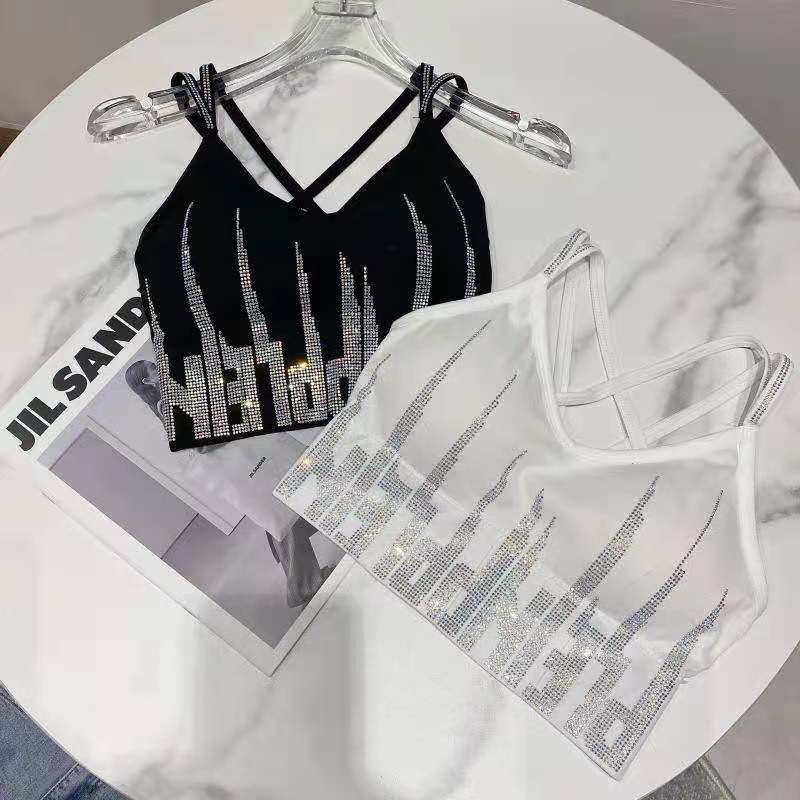 重工烫钻乳胶杯交叉美背裹胸网红法式糖果色吊带瑜珈运动打底背心