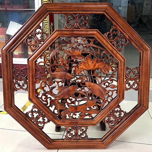 东阳木雕荷花鱼挂件实木壁挂中式入户客厅玄关隔断年年有余装饰画