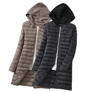 日系品牌轻薄羽绒服内搭2025冬装新款小个子中长款连帽黑色外套女