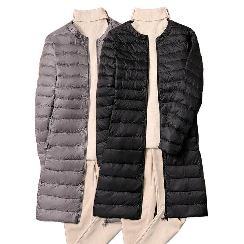 优质轻薄羽绒服女士中长款2025秋冬圆领长款韩版外套大码无领内胆