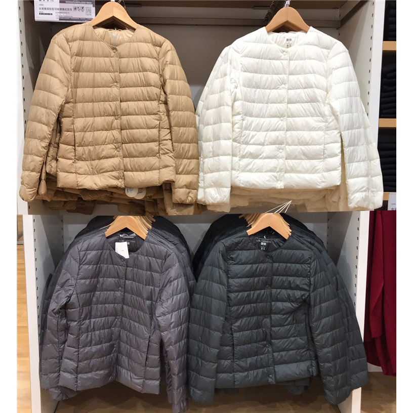 日本U库轻薄羽绒服女士秋冬季内胆圆领V领两穿大码修身短款外套女