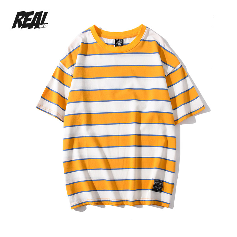 REALSPORT 条纹短袖2021夏t恤男港风chic条纹上衣服ins半袖宽松