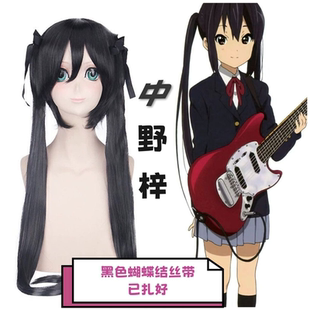 玫瑰网 轻音少女中野梓 cos假发 黑色短发绑带款马尾 带蝴蝶结