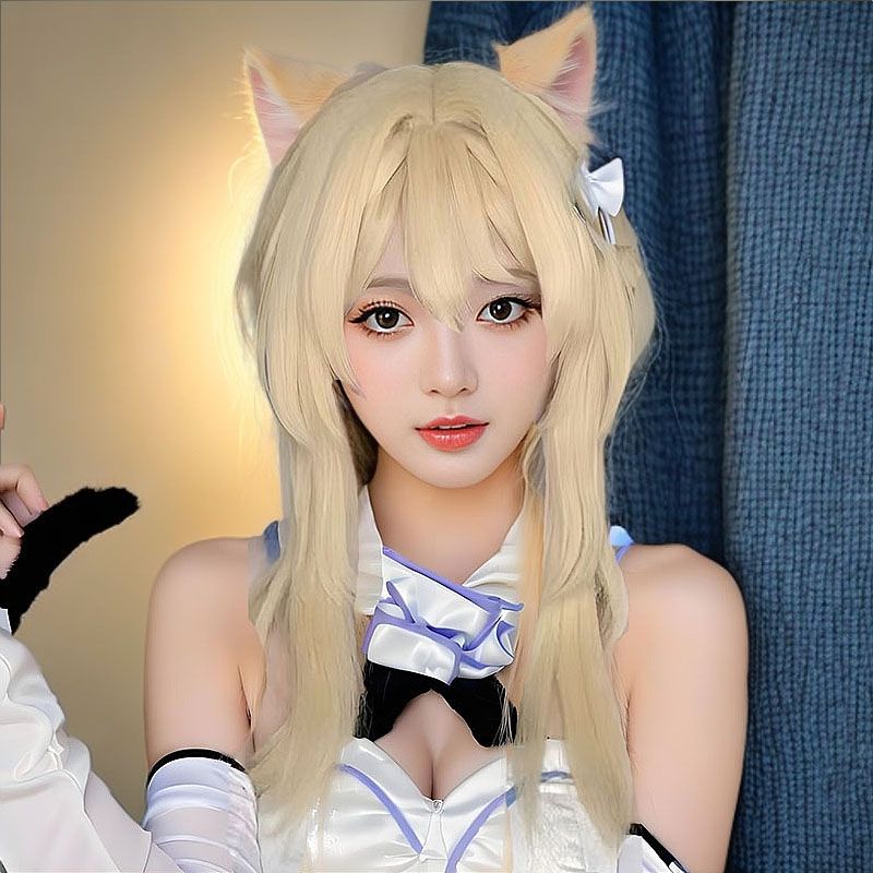 猫荧cos姬发假米白色长直