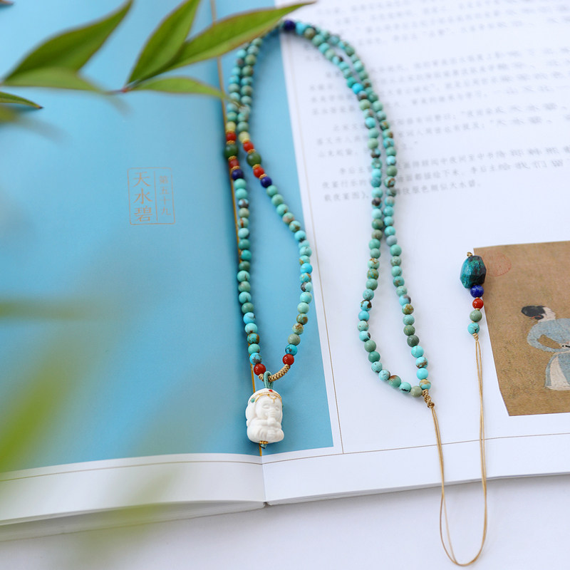 天然猛犸牙牙镶嵌南红吊坠原矿绿松毛衣链男女款项链手工雕刻象神