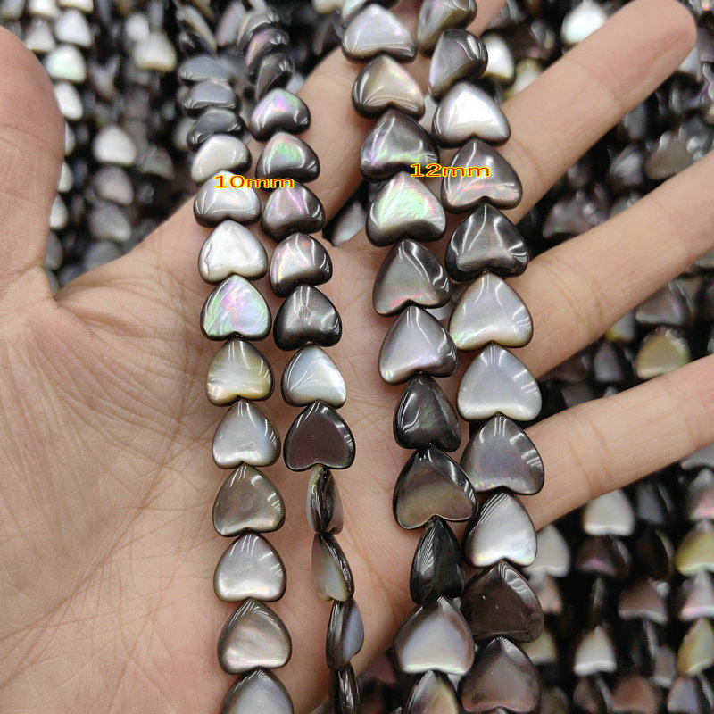 黑蝶贝鼓面桃心8/10/12MM黑贝壳竖孔立体爱心串条散珠DIY心形饰品 - 实物图