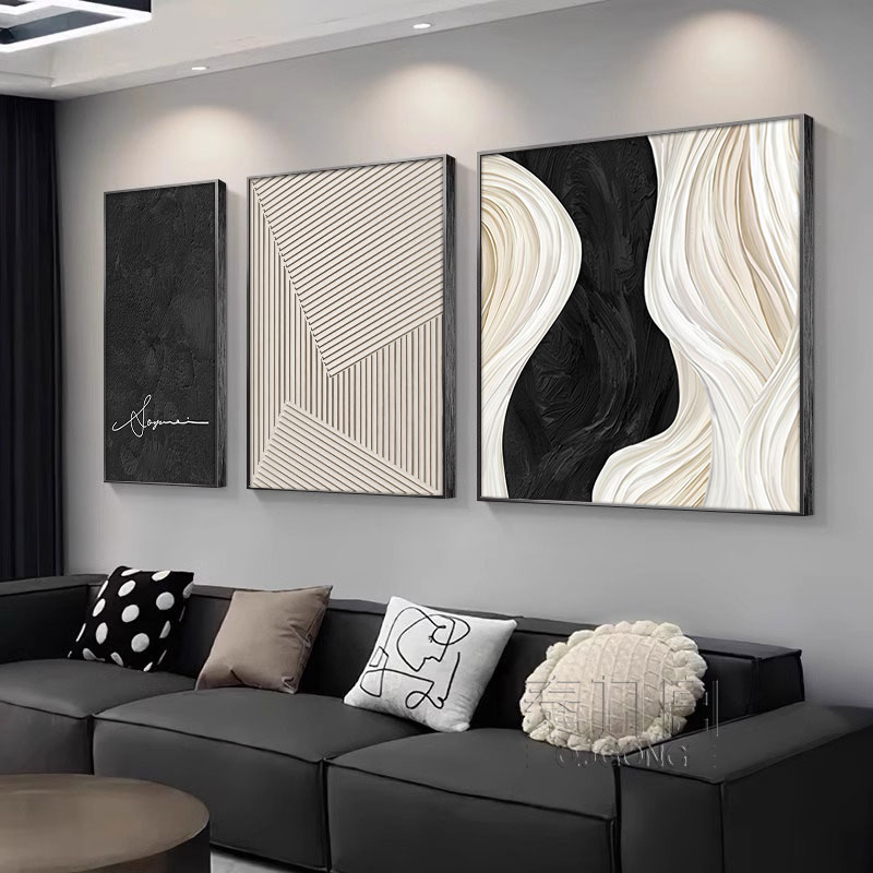 黑白抽象客厅装饰画 画现代轻奢沙发背景墙挂画 画高级感线 线条