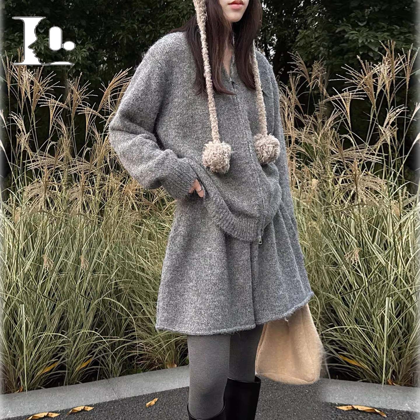 2026秋冬新款韩版宽松慵懒风针织开衫毛衣外套+高腰半身裙两件套