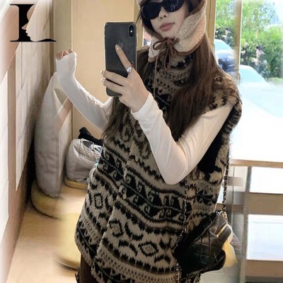 2025冬季新款费尔岛羊羔毛摇粒绒花纹高领加厚马甲外套女无袖坎肩