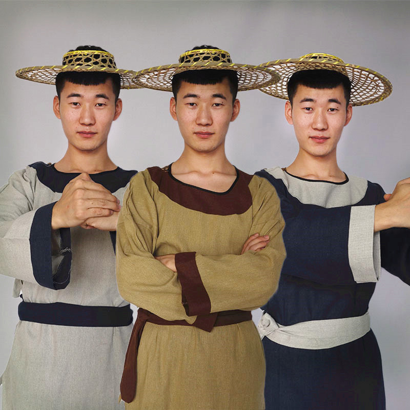 出租男士船夫渔夫樵夫服装古装农民商贩棉麻粗布衫斗笠演出服租赁