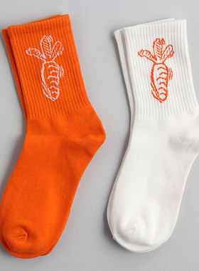 胡萝图案橙色桔色长筒袜男女休闲潮牌中筒袜滑板袜街头运动篮球袜