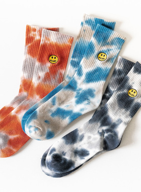 潮牌扎染蓝色泼墨笑脸中筒袜男女通用街头滑板运动袜子ins棉袜