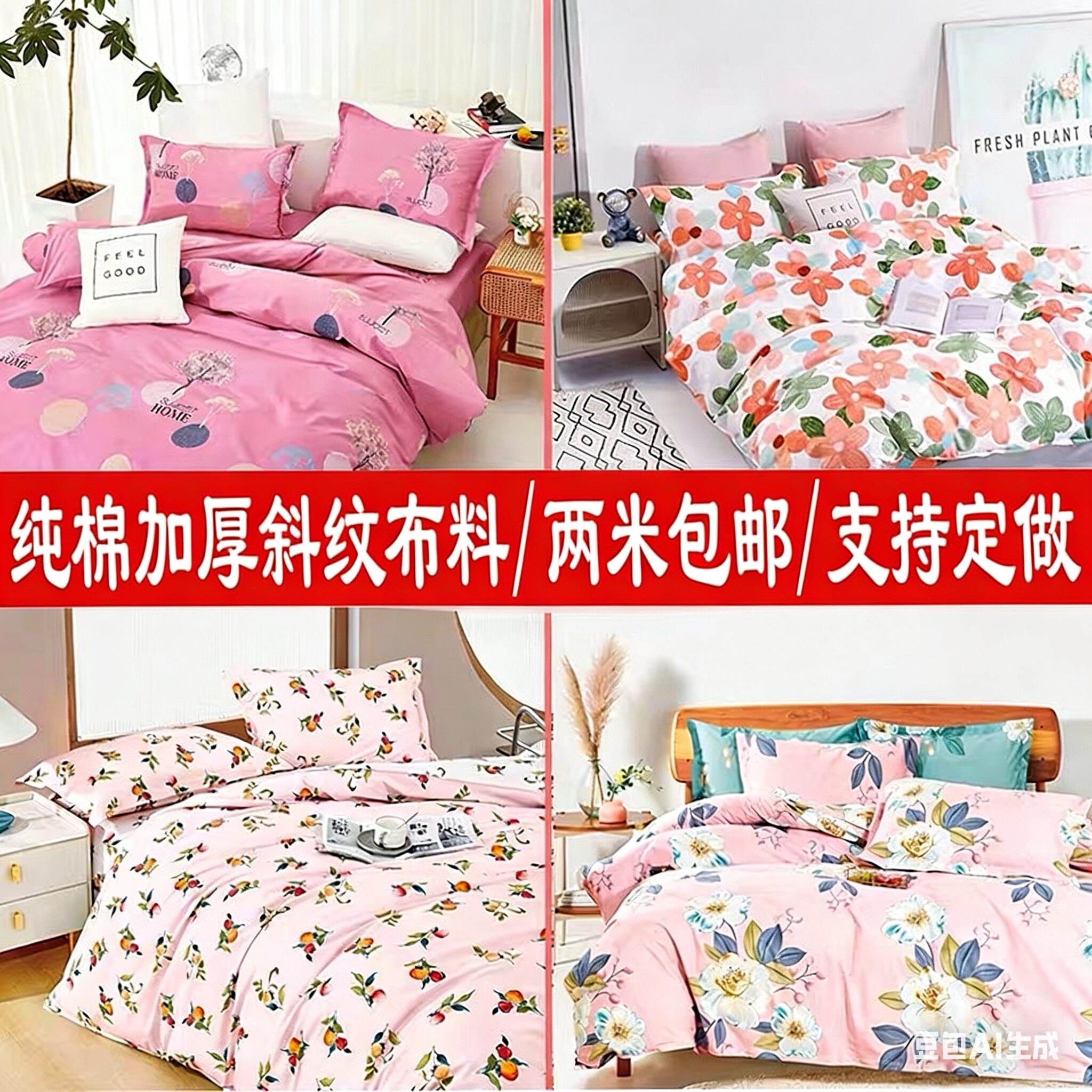 纯棉加厚斜纹被套床单布料全棉布宽幅三件套四件套包被床品定制