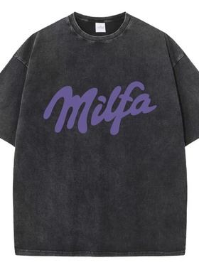 Milfa字母印花水洗T恤棉质舒适圆领超大短袖夏季休闲女性街头服装