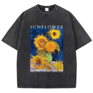 复古酸洗t恤向日葵等待我自己的太阳印花上衣圆领棉短袖时尚服装
