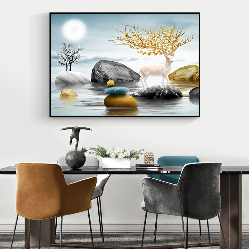 现代简约餐厅装饰画饭厅餐桌背景墙面挂画客厅电表箱发财麋鹿壁画图片