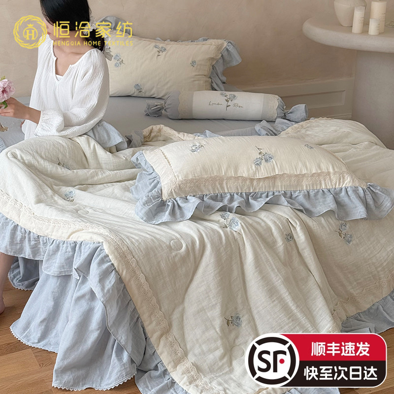 夏季20%桑蚕丝全棉透气皱皱纱夏凉被四件套可水洗裸睡空调被蓝色