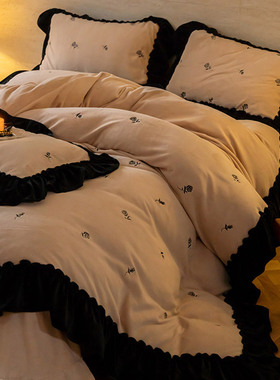 法式复古风保暖加厚牛奶绒四件套冬季双面玫瑰刺绣被套床品黑色