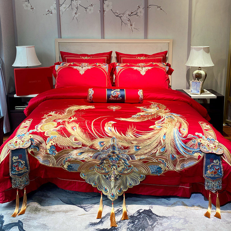 新中式长绒棉提花四件套龙凤刺绣纯棉流苏大红色被套床上用品结婚