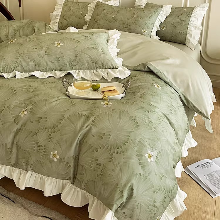 清新田园风100支长绒棉四件套花卉数码印花纯棉被套床品绿粉灰色