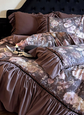 秋冬法式复古风全棉磨毛四件套加厚花卉数码印花被套床品紫咖蓝色