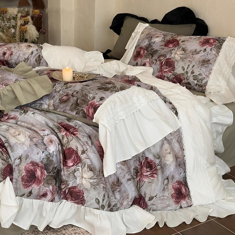 秋冬加厚磨毛四件套纯棉全棉2025新款中古风被套床单床上用品绿色