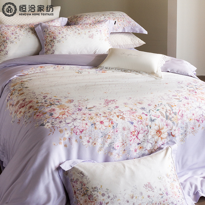 秋冬天丝棉磨毛四件套美式花卉数码印花加厚被套床单床上用品紫色