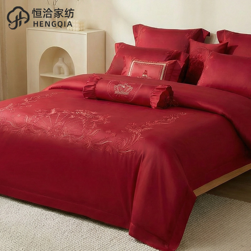 婚庆床上四件套红色结婚高端长绒棉喜被红色陪嫁结婚被套床上用品