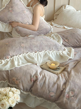 冬季少女心保暖加厚牛奶绒四件套浪漫法式花卉被套床上用品咖紫色