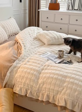 冬季保暖小方格獭兔毛四件套加厚牛奶绒床笠被套床品1.2白灰绿色