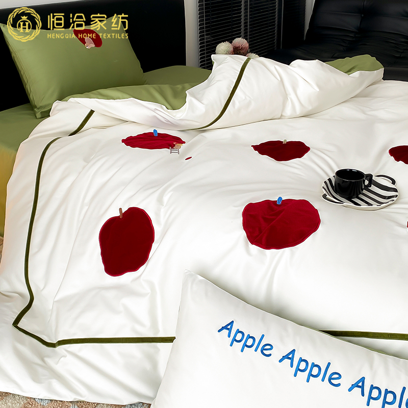 小清新全棉长绒棉四件套ins红苹果刺绣纯棉被套床上用品绿色床笠