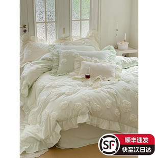 全棉磨毛床单四件套小清新立体花加厚被套床品1.2绿白粉色 秋冬季