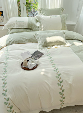 秋冬小清新100S磨毛全棉四件套植物刺绣加厚被套床笠拼接床品绿色