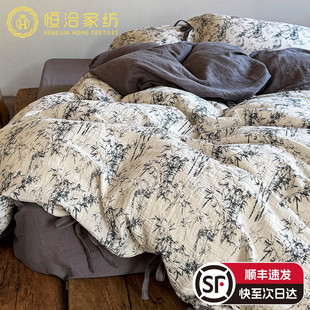 印花纯棉被套床品灰绿咖色 复古风全棉皱皱双层纱四件套高端数码
